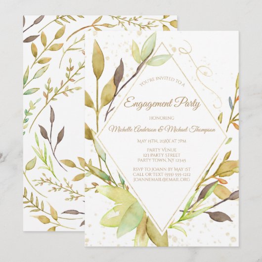 Watercolor Greenery Leaf Gold Engagement Party Einladung (Vorne/Hinten)