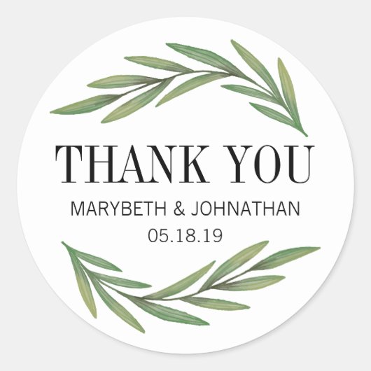 Watercolor Greenery Leaf Wedding Danke Sticker (Vorderseite)