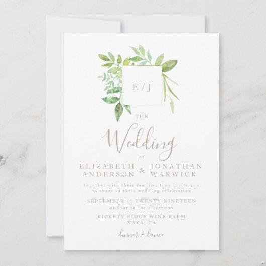 Watercolor Greenery Leaf Wreath Wedding Einladung (Vorderseite)