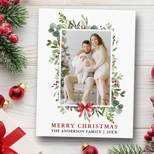 Watercolor Greenery Merry Christmas Red Bow Postkarte