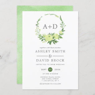 Watercolor Greenery Monogram Wreath Wedding Einladung