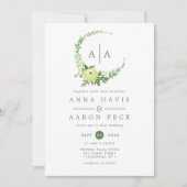 Watercolor Greenery Monogram Wreath Wedding Einladung (Vorderseite)