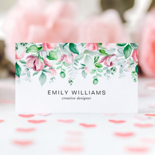 Watercolor Greenery Pink Flowers Business Card Visitenkarte