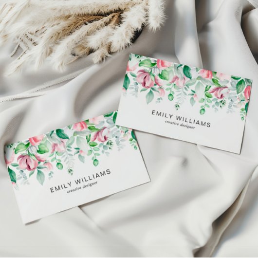 Watercolor Greenery Pink Flowers Business Card Visitenkarte