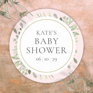 Watercolor Greenery Pink Mädchen Baby Shower Runder Aufkleber