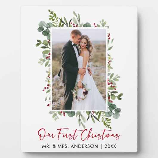 Watercolor Greenery Red Berries Christmas Foto Fotoplatte (Vorderseite)