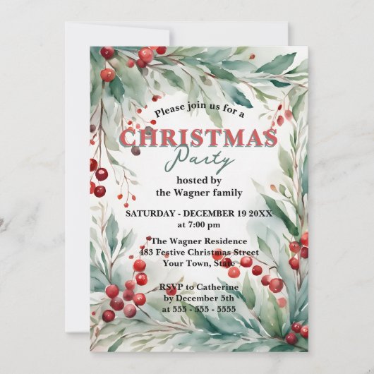 Watercolor Greenery & Red Berries Christmas Party  Einladung (Vorderseite)