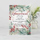 Watercolor Greenery & Red Berries Christmas Party  Einladung (Stehend Vorderseite)