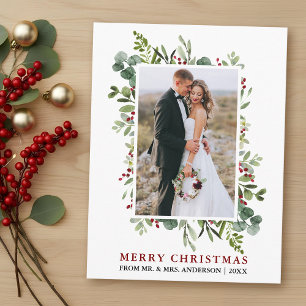Watercolor Greenery Red Berries Neu vermählte Weih Postkarte