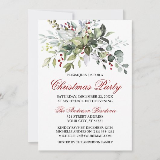 Watercolor Greenery Red Berries Weihnachtsfest Par Einladung (Vorderseite)