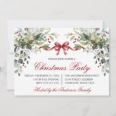 Watercolor Greenery Red Bow Christmas Party Einladung (Vorderseite)
