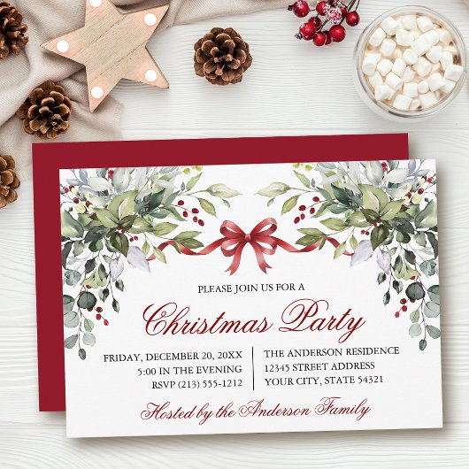 Watercolor Greenery Red Bow Christmas Party Einladung
