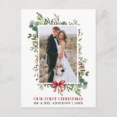 Watercolor Greenery Red Bow First Christmas Postkarte (Vorderseite)