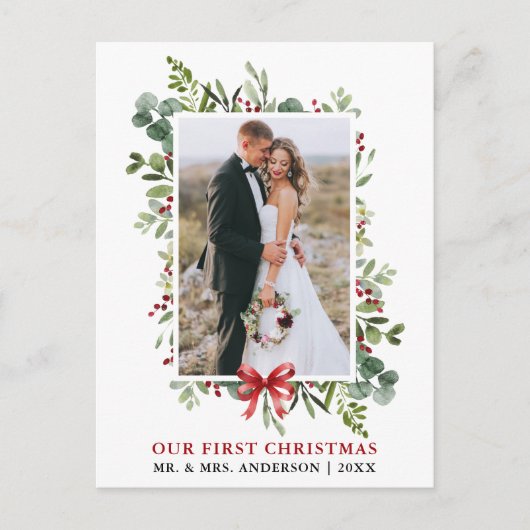 Watercolor Greenery Red Bow First Christmas Postkarte (Vorderseite)