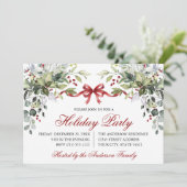 Watercolor Greenery Red Bow Holiday Party Einladung (Stehend Vorderseite)