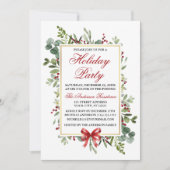 Watercolor Greenery Red Bow Holiday Party Einladung (Vorderseite)