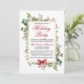 Watercolor Greenery Red Bow Holiday Party Einladung (Stehend Vorderseite)