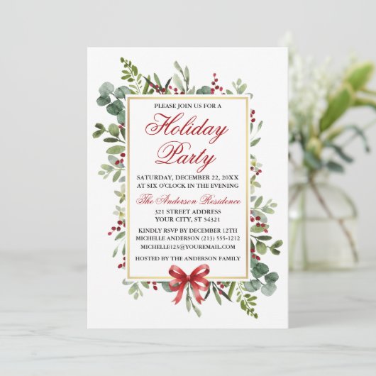 Watercolor Greenery Red Bow Holiday Party Einladung (Stehend Vorderseite)