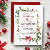 Watercolor Greenery Red Bow Holiday Party Einladung