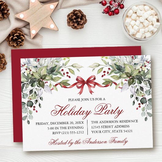 Watercolor Greenery Red Bow Holiday Party Einladung