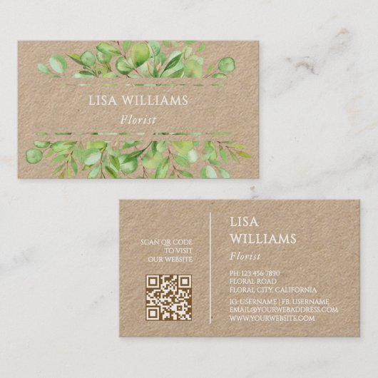 Watercolor Greenery Rustic  | QR Code Visitenkarte (Vorne/Hinten)