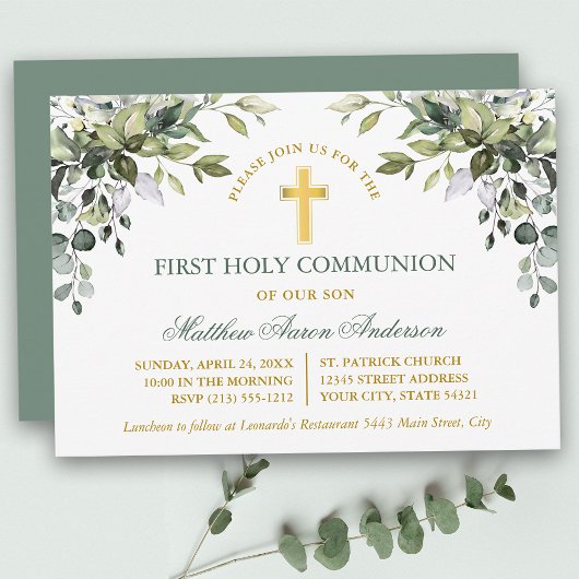 Watercolor Greenery Sage Green Gold Communion Einladung