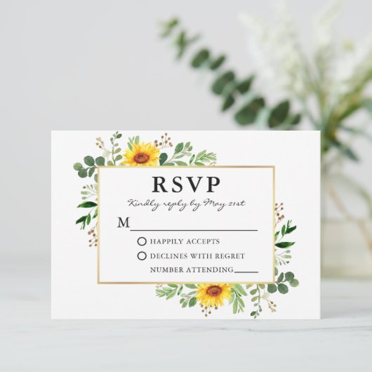 Watercolor Greenery Sonnenblumen Goldene Hochzeit RSVP Karte (Stehend Vorderseite)