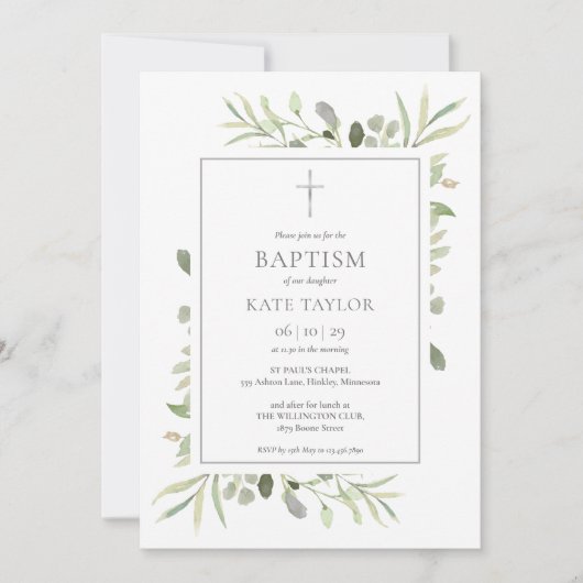 Watercolor Greenery Taufe Christening Einladung (Vorderseite)