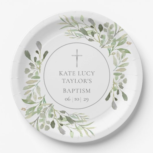 Watercolor Greenery Taufe Christening Pappteller (Vorderseite)