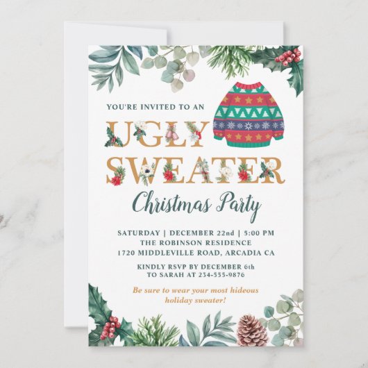 Watercolor Greenery Ugly Sweater Christmas Party Einladung (Vorderseite)