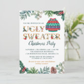 Watercolor Greenery Ugly Sweater Christmas Party Einladung (Stehend Vorderseite)