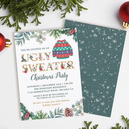 Watercolor Greenery Ugly Sweater Christmas Party Einladung
