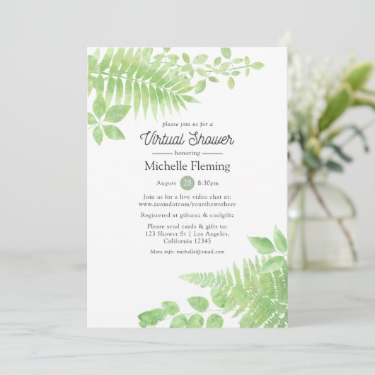 Watercolor Greenery Virtual Bridal oder Babydusche Einladung (Stehend Vorderseite)