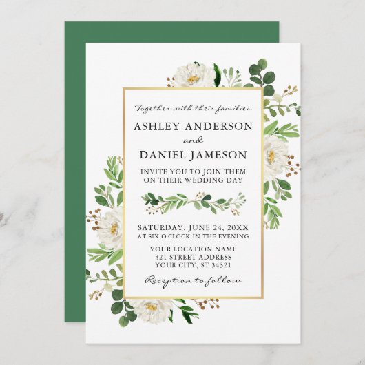 Watercolor Greenery White Floral Gold Hochzeit Einladung (Vorne/Hinten)