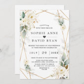 Watercolor Greenery White Floral Gold Hochzeit Einladung (Vorne/Hinten)