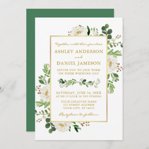 Watercolor Greenery White Floral Wedding Gold Einladung