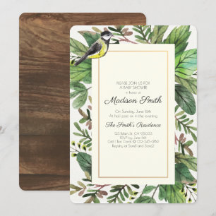 Watercolor Greenery Woodsy Bird Baby Dusche Einladung