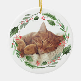 Watercolor Greenery Wreath Christmas Cat Foto Keramik Ornament