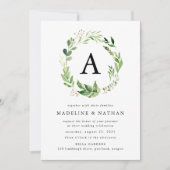 Watercolor Greenery Wreath Monogram Wedding Einladung (Vorderseite)