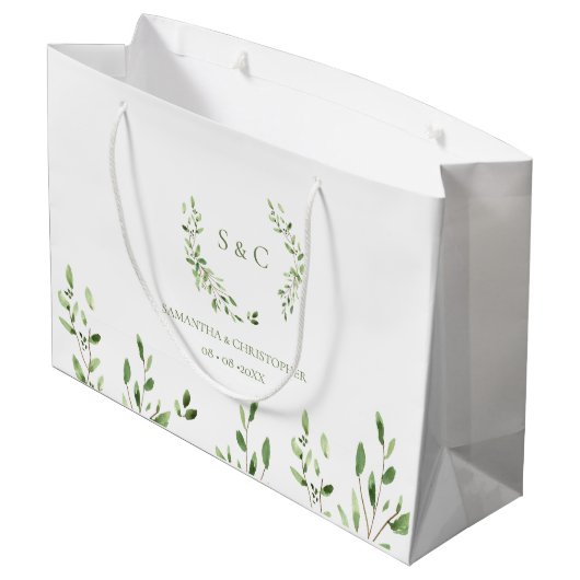 Watercolor Greenery Wreath monogram wedding Große Geschenktüte (Rückseite Schrägansicht)
