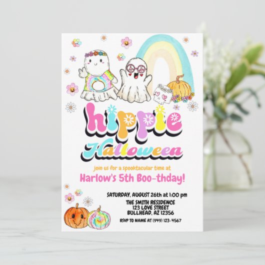 Watercolor Groovy Ghost Hippie Halloween Geburtsta Einladung (Stehend Vorderseite)