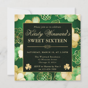 Watercolor Grün & Gold Shamrock Sweet 16 Einladung