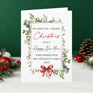 Watercolor-Grün-Weihnachten-Rote-Schleife-Neujahr Feiertagskarte
