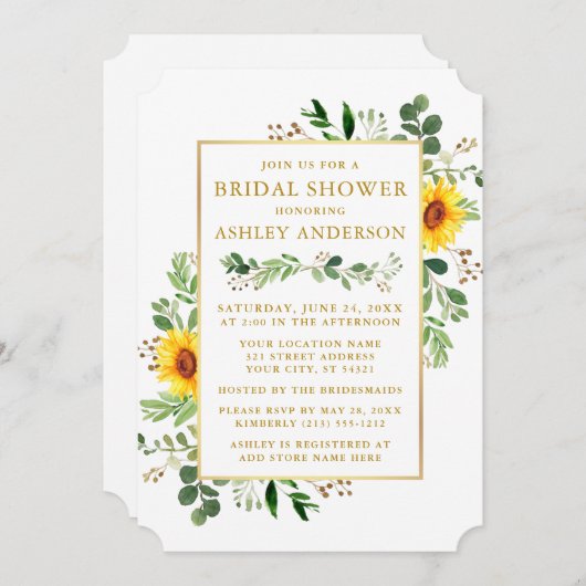 Watercolor Grüne Sonnenblumen Gold Brautparty Einladung (Vorne/Hinten)