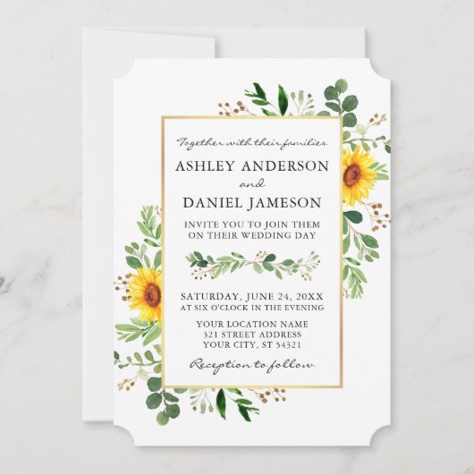 Watercolor Grüne Sonnenblumen Hochzeit Gold Einladung (Vorderseite)