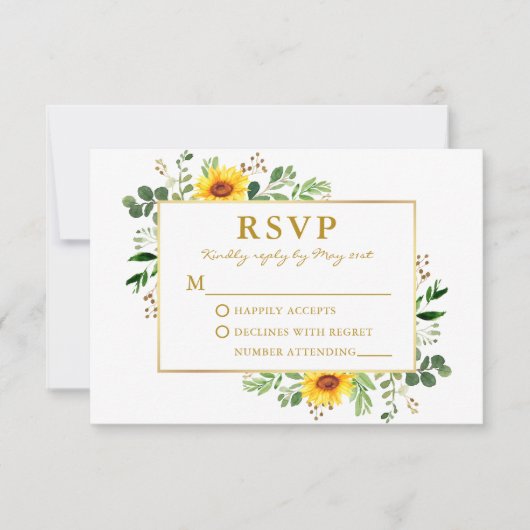 Watercolor Grüne Sonnenblumen Hochzeit Gold RSVP Karte (Vorderseite)