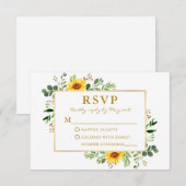 Watercolor Grüne Sonnenblumen Hochzeit Gold RSVP Karte (Vorne/Hinten)