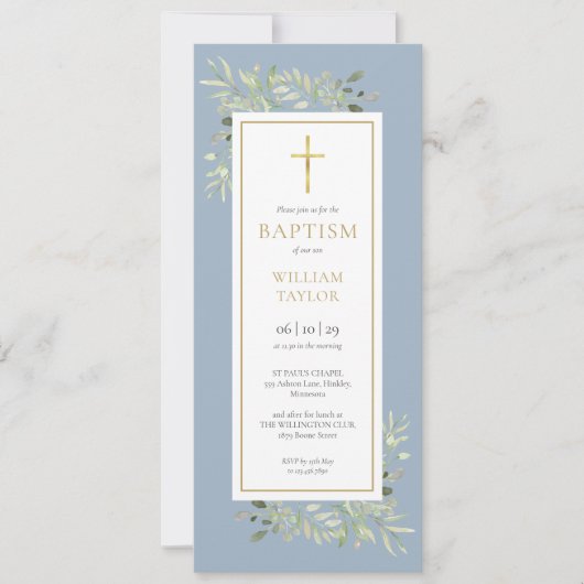 Watercolor Grüne Taufe Christening Dusty Blue Einladung (Vorderseite)