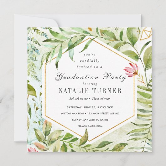 Watercolor-grünes Laub-Abschluss-mit BlumenParty Einladung (Vorderseite)