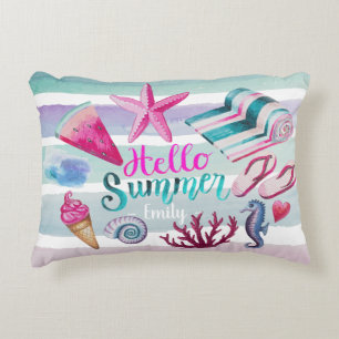 Watercolor Hallo Sommer Mongram Beach Streifen Dekokissen